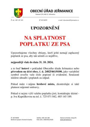 Upozornění na splatnost poplatku ze psa