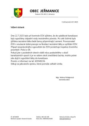 Informace o znečištění ČOV
